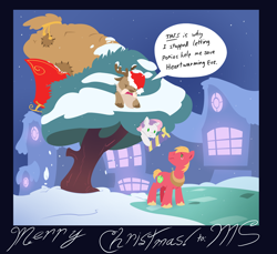 Size: 1280x1174 | Tagged: safe, artist:elosande, derpibooru import, big macintosh, sweetie belle, deer, earth pony, pony, reindeer, christmas, holiday, male, present, santa claus, sled, smarty belle, snow, stallion, sweetie fail, tree