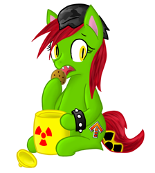 Size: 1024x1144 | Tagged: safe, artist:goldenpansy, oc, oc only, bat pony, pony, cookie, cookie jar, ionizing radiation warning symbol, radioactive, solo