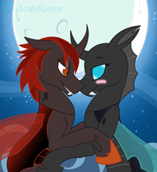 Size: 852x938 | Tagged: safe, artist:avatarraptor, derpibooru import, oc, oc only, oc:gypsy, oc:princess amanita, changeling, blushing, changeling oc, female, lesbian, red changeling, shipping