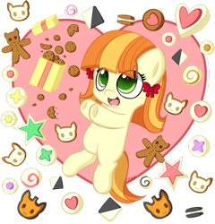 Size: 875x913 | Tagged: safe, artist:pokumii, derpibooru import, tag-a-long, bow, cookie, cute, food, gingerbetes, hatless, missing accessory, solo, thin mint