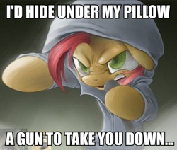 Size: 612x520 | Tagged: safe, derpibooru import, babs seed, earth pony, pony, babs the rapper, clothes, exploitable meme, female, filly, hoodie, image macro, meme, nose wrinkle, solo