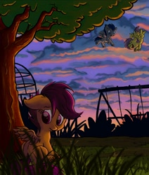 Size: 1300x1536 | Tagged: safe, artist:jigglybelle, derpibooru import, scootaloo, dark, evening, grass, playground, scootalone, scootaloo can't fly, scootasad, sunset, swing, tree