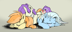 Size: 1100x490 | Tagged: safe, artist:rainbow-dosh, artist:xioade, alula, pluto, princess erroria, oc, oc:safe haven, oc:tracy cage, earth pony, pony, unicorn, /mlp/, blushing, bubble, cuddle puddle, cuddling, eyes closed, female, filly, mare, pony pile, sleeping, smiling, snot bubble