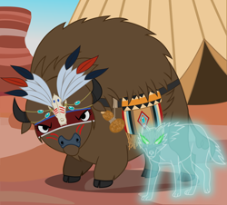 Size: 3418x3092 | Tagged: safe, artist:cheezedoodle96, oc, oc only, oc:kohana, oc:laughing water, buffalo, ghost, wolf, bag, buffalo oc, canteen, dungeons and dragons, fantasy class, gourd, headdress, roleplaying, shaman, skull, spirit, spirit animal, vector, war paint