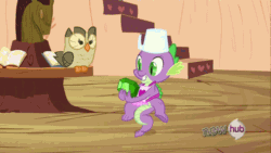 Size: 1000x563 | Tagged: safe, derpibooru import, edit, screencap, owlowiscious, spike, dragon, owl, just for sidekicks, animated, apron, blinking, bouncing, clothes, cute, eyes on the prize, gem, grin, happy, hub logo, loop, male, measuring cup, naked apron, open mouth, smiling, spikabetes, tail bounce, tail stand