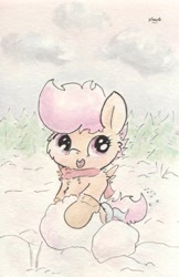 Size: 672x1036 | Tagged: safe, artist:slightlyshade, derpibooru import, scootaloo, clothes, gloves, scarf, snow, snowpony, solo, traditional art, winter