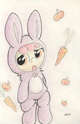 Size: 667x1036 | Tagged: safe, artist:slightlyshade, derpibooru import, apple bloom, apple, bunny bloom, bunny costume, bunny pajamas, carrot, clothes, solo, tongue out, traditional art