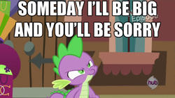 Size: 1280x720 | Tagged: safe, derpibooru import, spike, dragon, rarity takes manehattan, hub logo, image macro, solo