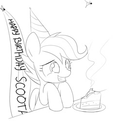 Size: 918x984 | Tagged: safe, artist:mcsadat, scootaloo, alone, birthday, cake, happy birthday to me, monochrome, sad, scootalone, solo