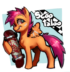 Size: 884x911 | Tagged: safe, artist:derekireba, derpibooru import, scootaloo, bandage, chest fluff, skateboard, solo