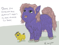 Size: 1332x1000 | Tagged: safe, artist:jberg360, earth pony, fluffy pony, pony, ambiguous gender, crotchboobs, female, fluffy pony foal, fluffy pony mother, impossibly large crotchboobs, mare, mother and child, offscreen character, parent and child, simple background, standing