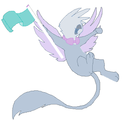 Size: 423x413 | Tagged: safe, artist:princessamity, derpibooru import, oc, oc only, griffon, cheering, flag, flying, goggles, pixel art, solo, wip