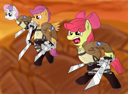 Size: 2566x1900 | Tagged: safe, artist:mariokid97, apple bloom, scootaloo, sweetie belle, attack on titan, cutie mark crusaders