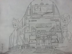 Size: 1200x900 | Tagged: safe, artist:orang111, carrot top, flitter, golden harvest, minuette, conductor, g2000bb, locomotive, monochrome, railroad, shunter, switcher, traditional art, train, vossloh g2000bb