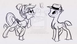 Size: 1024x593 | Tagged: safe, artist:jazz-dafunk, derpibooru import, oc, oc only, oc:jazzie featherfunk, butterfly, earth pony, pegasus, pony, clothes, fedora, female, glasses, hat, jazzie featherfunk, male, mare, monochrome, scarf, stallion