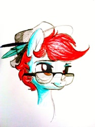 Size: 1024x1365 | Tagged: safe, artist:jazz-dafunk, derpibooru import, oc, oc only, pony, fedora, female, glasses, hat, jazzie flowerfunk, mare, solo