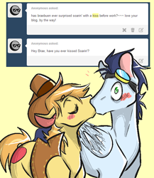 Size: 616x711 | Tagged: safe, artist:cleppyclep, derpibooru import, braeburn, soarin', blushing, gay, kissing, male, shipping, soarburn, surprise kiss, surprised, tumblr