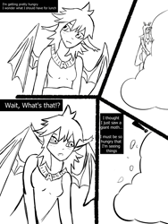 Size: 753x1001 | Tagged: safe, artist:lazy anon, derpibooru import, oc, oc only, oc:yuzu, bat pony, mothpony, original species, satyr, cloud, comic, monochrome