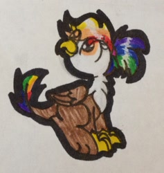 Size: 1491x1571 | Tagged: safe, artist:colorfulwonders, derpibooru import, oc, oc only, oc:rainbow feather, griffon, hybrid, interspecies offspring, looking up, magical lesbian spawn, offspring, parent:gilda, parent:rainbow dash, parents:gildash, sitting, smiling, solo, traditional art