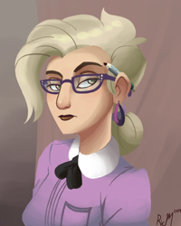 Size: 1200x1500 | Tagged: safe, artist:ric-m, derpibooru import, grace manewitz, human, rarity takes manehattan, bust, clothes, ear piercing, earring, female, glasses, humanized, jewelry, lidded eyes, light skin, lipstick, pencil, piercing, solo