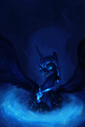 Size: 900x1350 | Tagged: safe, artist:assasinmonkey, derpibooru import, nightmare moon, dark, fight, glow, scene interpretation, solo