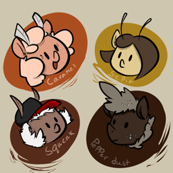 Size: 500x500 | Tagged: safe, oc, oc only, oc:caramel, oc:pepper dust, oc:squeak, mothpony, original species, ask, askthemothponies, profile, tumblr