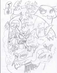 Size: 789x1013 | Tagged: safe, artist:toon-n-crossover, idw, ahuizotl, big boy the cloud gremlin, runt the cloud gremlin, cockatrice, crystal pony, hydra, pony, antagonist, bat wings, breaking the fourth wall, clothes, cloud, cloud gremlins, diamond dog guard, goggles, imp the mimicker, jacket, mimicker, multiple heads, music notes, necklace, nightmare forces, shadowforces, sweater