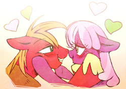 Size: 800x568 | Tagged: safe, artist:nmnkgskds, big macintosh, cheerilee, earth pony, pony, blushing, cheerimac, heart, male, pixiv, shipping, stallion, straight