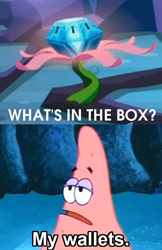 Size: 500x770 | Tagged: safe, derpibooru import, princess twilight sparkle (episode), exploitable meme, meme, mermaid man and barnacle boy iii, mystery box of plot importance, patrick star, spongebob squarepants, what's in the box?