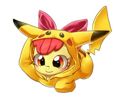 Size: 480x361 | Tagged: artist needed, safe, apple bloom, pikachu, adorabloom, clothes, costume, cute, ikue otani, kigurumi, pajamas, pikabloom, pixiv, pokémon, solo, voice actor joke