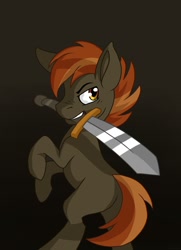 Size: 1300x1800 | Tagged: safe, artist:whitepone, button mash, earth pony, pony, blank flank, colt, foal, gradient background, hat, hooves, male, mouth hold, propeller hat, solo, sword, teeth