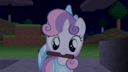 Size: 640x360 | Tagged: safe, artist:jan, derpibooru import, button mash, sweetie belle, animated, cookie, creeper, cute, diasweetes, don't mine at night, enderman, endermane, explosion, minecraft, mouth hold, nom, pickaxe