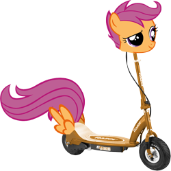 Size: 704x702 | Tagged: safe, derpibooru import, scootaloo, /mlp/, pun, raised eyebrow, scooter, scooterloo, smiling, solo, visual pun, wat, what has science done