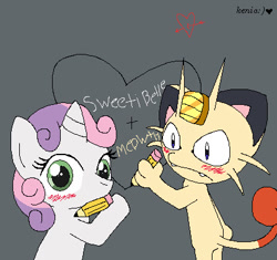 Size: 420x394 | Tagged: safe, artist:lopez697, sweetie belle, blushing, crack shipping, crossover, crossover shipping, meowth, meowthbelle, pokémon, shipping