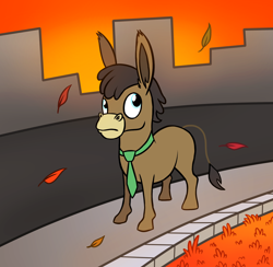 Size: 1516x1480 | Tagged: safe, artist:wolframclaws, derpibooru import, cranky doodle donkey, donkey, autumn, city, cityscape, necktie, solo, younger