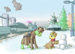Size: 1100x798 | Tagged: safe, artist:adeptus-monitus, oc, oc only, earth pony, pony, airship, armored train, colt, command and conquer, crossover, male, military, snowman, snowpony, stallion, tank (vehicle), train, unshorn fetlocks