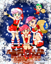 Size: 1299x1640 | Tagged: safe, artist:nancysauria, derpibooru import, apple bloom, scootaloo, spike, sweetie belle, human, armpits, boots, christmas, clothes, cutie mark crusaders, dress, humanized, kneesocks, light skin, mary janes, socks, striped socks