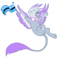 Size: 423x413 | Tagged: safe, artist:princessamity, derpibooru import, oc, oc only, griffon, cheering, flag, flying, goggles, paws, solo, stars