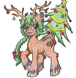 Size: 587x606 | Tagged: safe, artist:calavera-garbancera, derpibooru import, oc, oc only, deer, original species, augmented tail, christmas tree, solo, tree