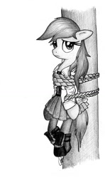 Size: 687x1163 | Tagged: safe, artist:azurushka, derpibooru import, oc, oc only, oc:lemon slice, black and white, bondage, clothes, grayscale, monochrome, rope, school uniform, schoolgirl, skirt, solo