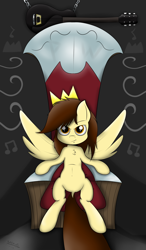 Size: 3500x6000 | Tagged: safe, artist:spenws, derpibooru import, oc, oc only, oc:prince whateverer, pegasus, pony, chest fluff, crown, fanart, guitar, king, looking at you, male, music notes, prince, royalty, sitting, smirk, solo, stallion, throne