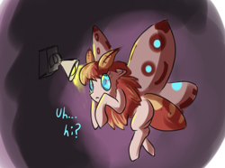 Size: 1148x855 | Tagged: artist needed, safe, derpibooru import, oc, oc only, mothpony, original species, caught, dialogue, flying, lamp, moth pony general, solo