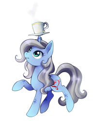 Size: 571x727 | Tagged: safe, artist:shoguru, derpibooru import, oc, oc only, oc:silver sonata, balancing, cup, saucer, solo, tea