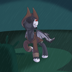 Size: 500x500 | Tagged: safe, artist:yeendip, derpibooru import, oc, oc only, alicorn, pony, alicorn oc, captain jolly roger, clothes, eyepatch, hat, rain, solo