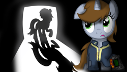 Size: 1024x576 | Tagged: safe, artist:teschke, oc, oc only, oc:littlepip, oc:velvet remedy, pony, unicorn, fallout equestria, clothes, fanfic, fanfic art, female, horn, light, mare, pipbuck, shadow, vault suit