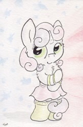 Size: 498x764 | Tagged: safe, artist:slightlyshade, derpibooru import, sweetie belle, clothes, skirt, solo, traditional art