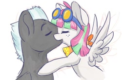 Size: 866x568 | Tagged: safe, artist:indiefoxtail, derpibooru import, blossomforth, thunderlane, blossomlane, female, goggles, kissing, male, straight