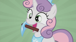 Size: 873x480 | Tagged: safe, artist:jan, derpibooru import, screencap, sweetie belle, pony, unicorn, cute, diasweetes, don't mine at night, female, filly, happy, minecraft, open mouth, pickaxe, smiling, solo
