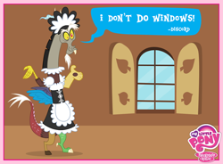 Size: 720x531 | Tagged: safe, derpibooru import, discord, clothes, crossdressing, dialogue, maid, maid discord, my little pony logo, official, quote, solo, speech bubble, text, window