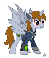 Size: 816x978 | Tagged: safe, artist:mrlolcats17, oc, oc only, oc:littlepip, bat pony, bat pony alicorn, pony, fallout equestria, clothes, cutie mark, fanfic, fanfic art, fangs, female, hooves, horn, mare, open mouth, pipbuck, race swap, simple background, solo, transparent background, vault suit